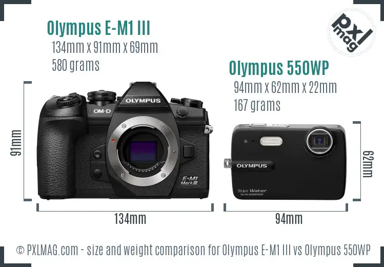 Olympus E-M1 III vs Olympus 550WP size comparison