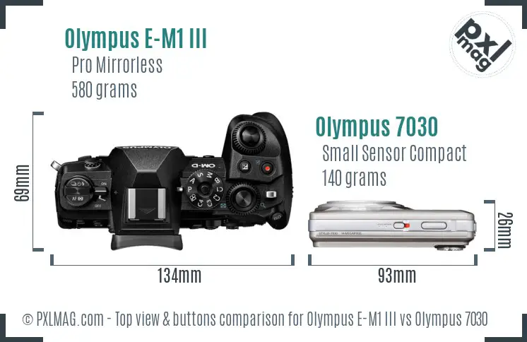 Olympus E-M1 III vs Olympus 7030 top view buttons comparison