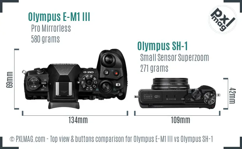 Olympus E-M1 III vs Olympus SH-1 top view buttons comparison