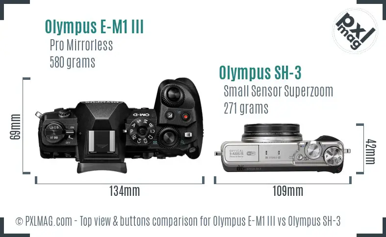 Olympus E-M1 III vs Olympus SH-3 top view buttons comparison