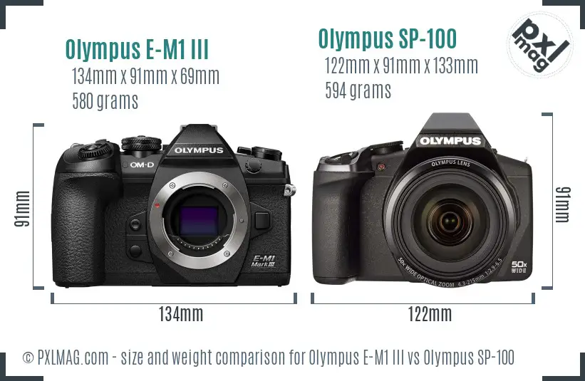 Olympus E-M1 III vs Olympus SP-100 size comparison