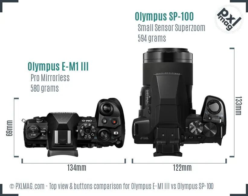 Olympus E-M1 III vs Olympus SP-100 top view buttons comparison