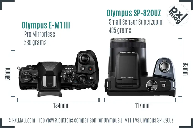 Olympus E-M1 III vs Olympus SP-820UZ top view buttons comparison