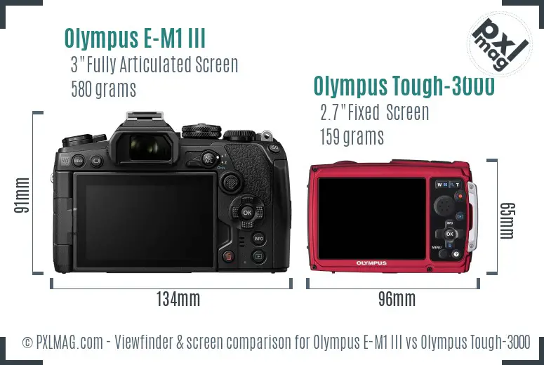 Olympus E-M1 III vs Olympus Tough-3000 Screen and Viewfinder comparison