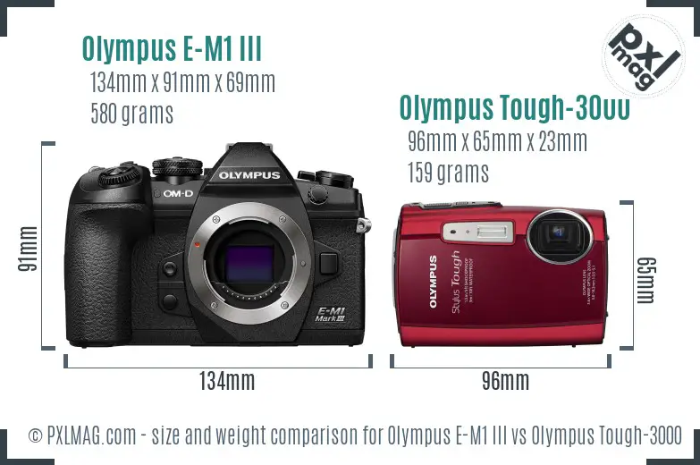 Olympus E-M1 III vs Olympus Tough-3000 size comparison