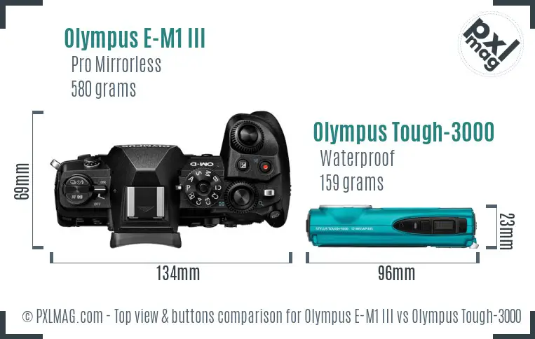 Olympus E-M1 III vs Olympus Tough-3000 top view buttons comparison