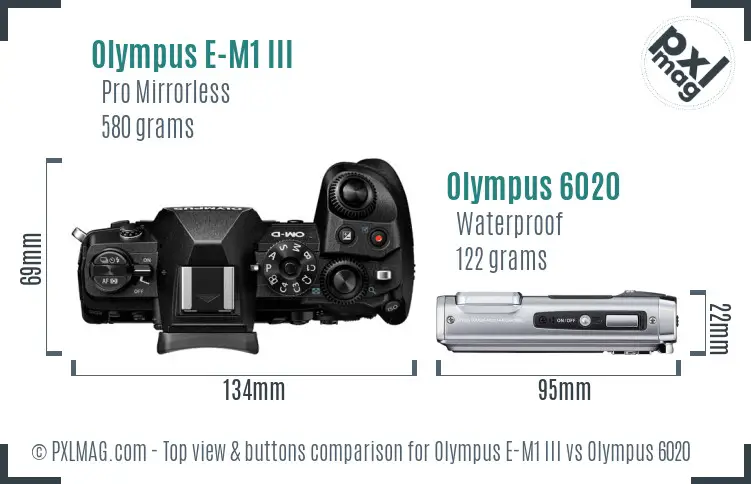 Olympus E-M1 III vs Olympus 6020 top view buttons comparison