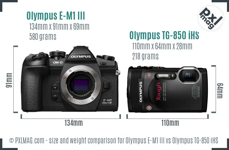 Olympus E-M1 III vs Olympus TG-850 iHS size comparison