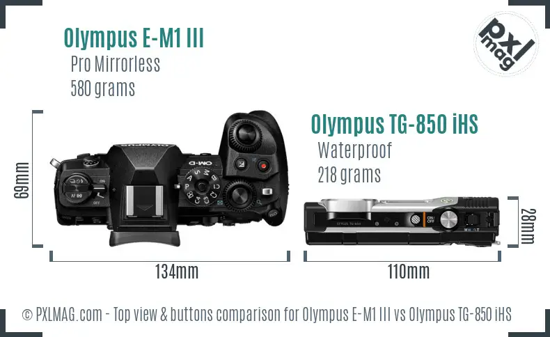 Olympus E-M1 III vs Olympus TG-850 iHS top view buttons comparison