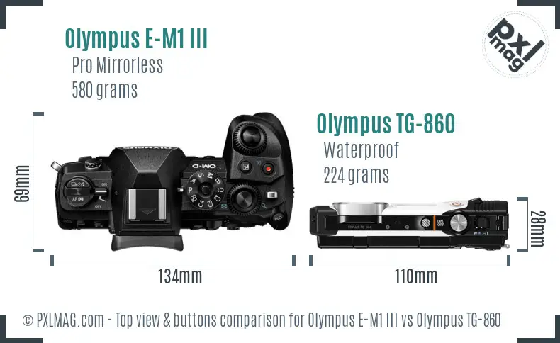 Olympus E-M1 III vs Olympus TG-860 top view buttons comparison