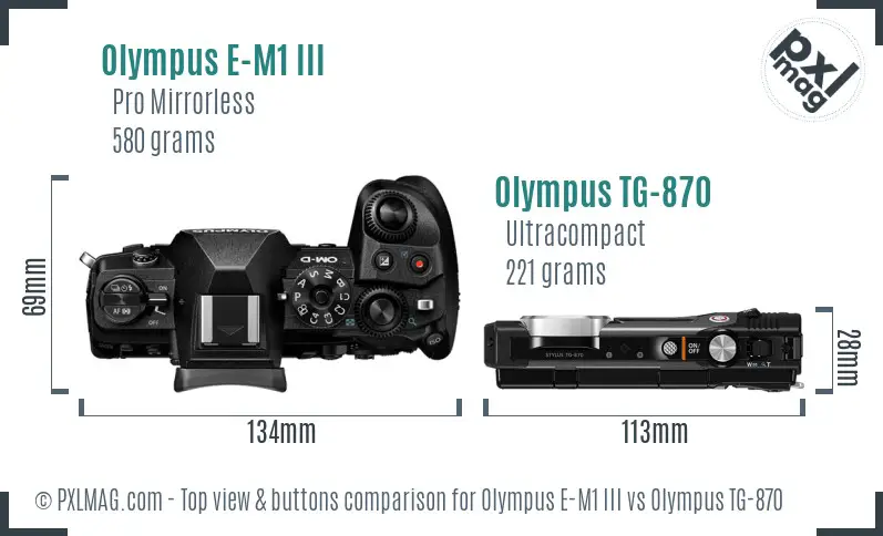 Olympus E-M1 III vs Olympus TG-870 top view buttons comparison