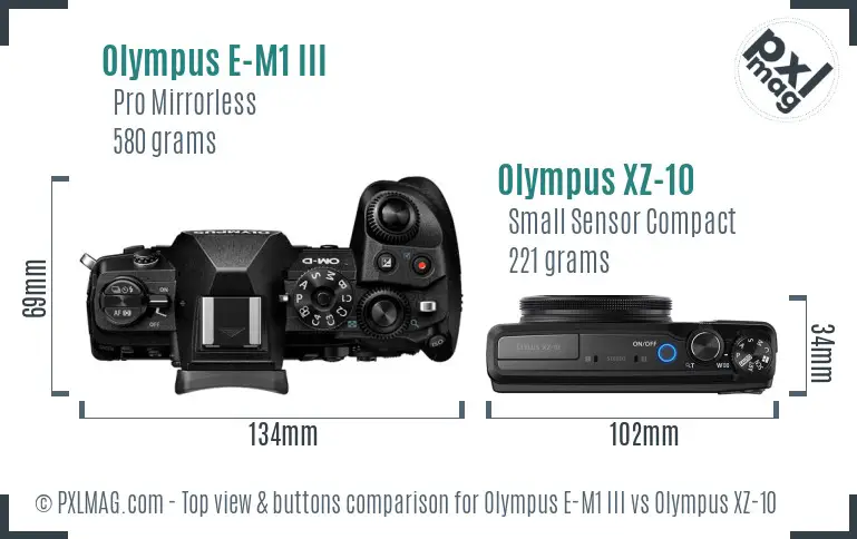 Olympus E-M1 III vs Olympus XZ-10 top view buttons comparison