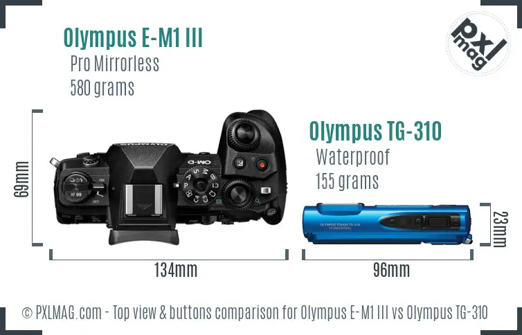Olympus E-M1 III vs Olympus TG-310 top view buttons comparison