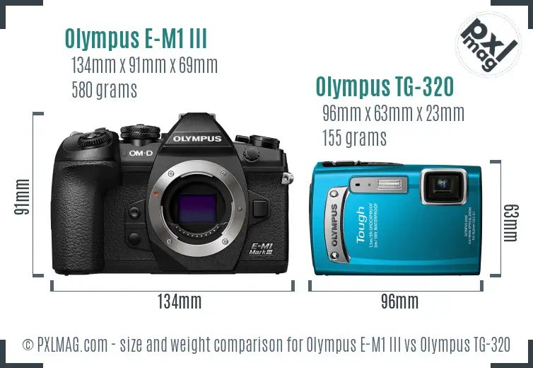 Olympus E-M1 III vs Olympus TG-320 size comparison