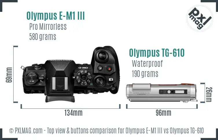 Olympus E-M1 III vs Olympus TG-610 top view buttons comparison