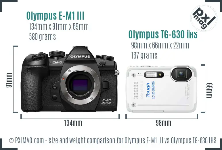 Olympus E-M1 III vs Olympus TG-630 iHS size comparison