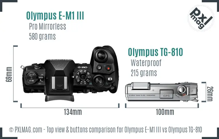 Olympus E-M1 III vs Olympus TG-810 top view buttons comparison