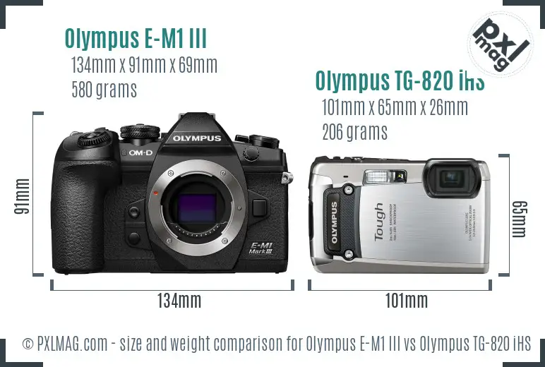 Olympus E-M1 III vs Olympus TG-820 iHS size comparison