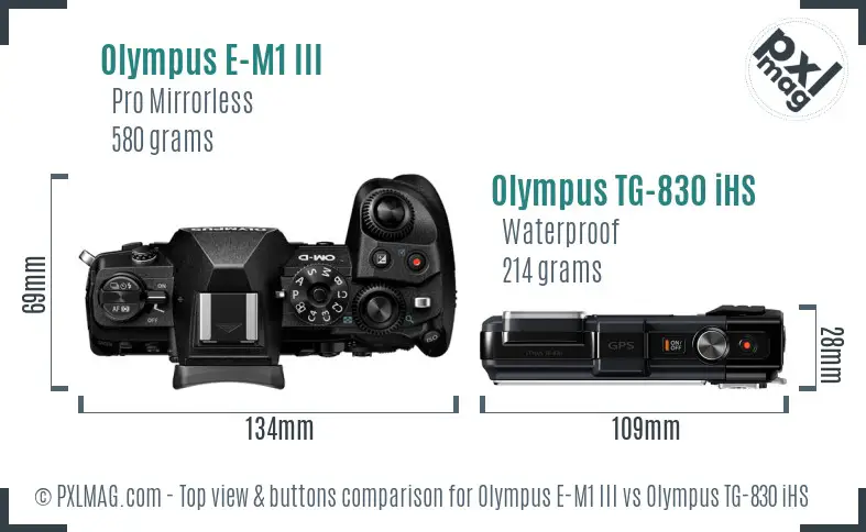 Olympus E-M1 III vs Olympus TG-830 iHS top view buttons comparison