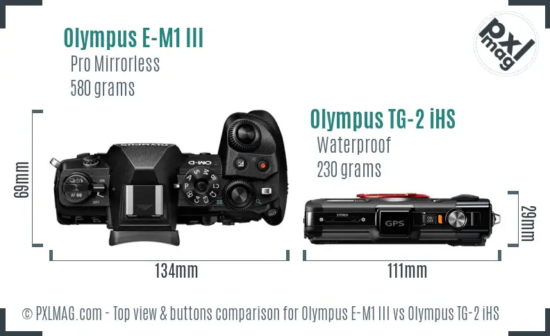 Olympus E-M1 III vs Olympus TG-2 iHS top view buttons comparison