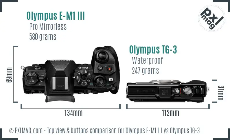 Olympus E-M1 III vs Olympus TG-3 top view buttons comparison