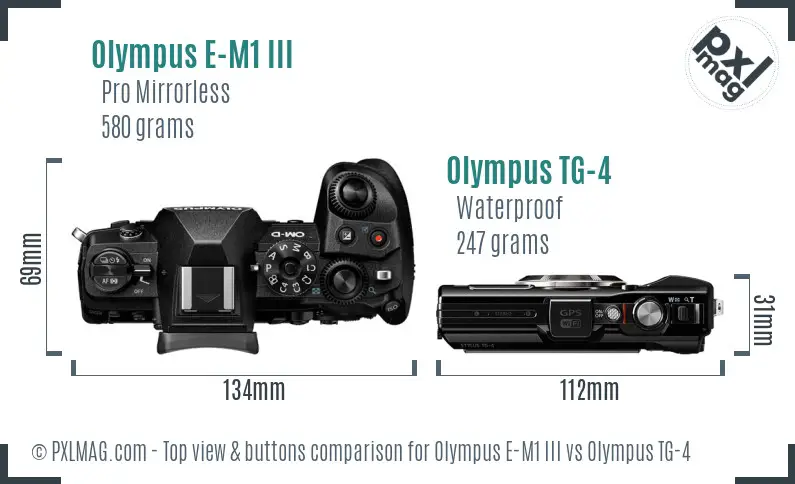 Olympus E-M1 III vs Olympus TG-4 top view buttons comparison
