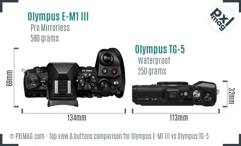 Olympus E-M1 III vs Olympus TG-5 top view buttons comparison