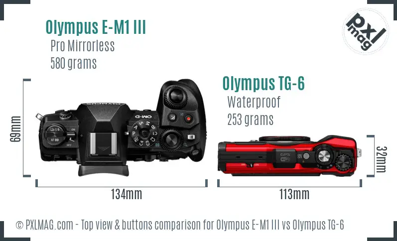 Olympus E-M1 III vs Olympus TG-6 top view buttons comparison