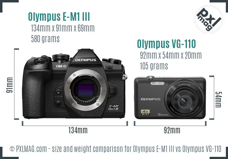 Olympus E-M1 III vs Olympus VG-110 size comparison