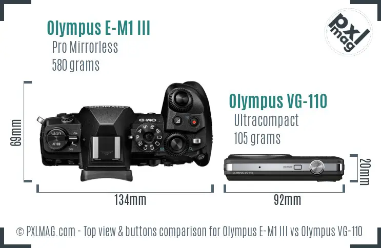 Olympus E-M1 III vs Olympus VG-110 top view buttons comparison