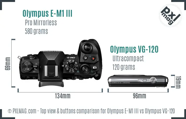 Olympus E-M1 III vs Olympus VG-120 top view buttons comparison