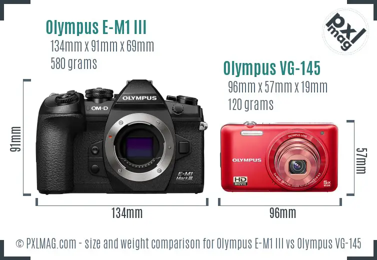 Olympus E-M1 III vs Olympus VG-145 size comparison