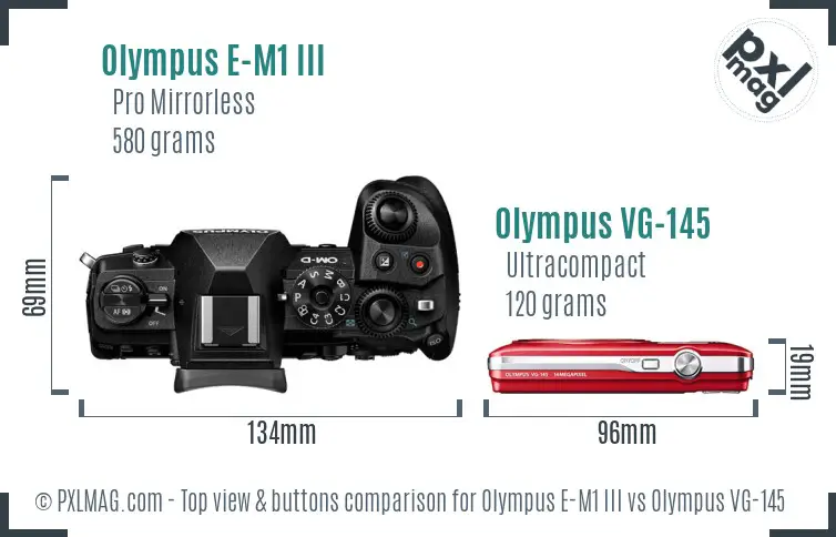 Olympus E-M1 III vs Olympus VG-145 top view buttons comparison