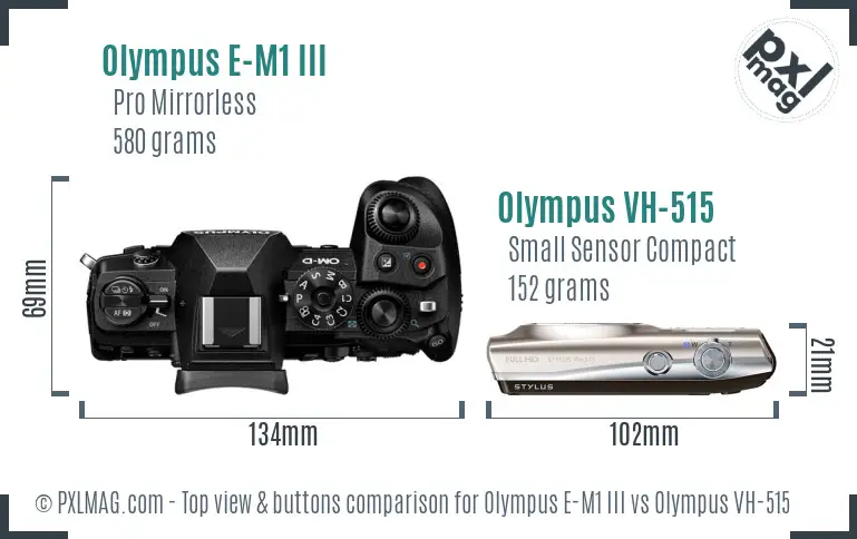 Olympus E-M1 III vs Olympus VH-515 top view buttons comparison