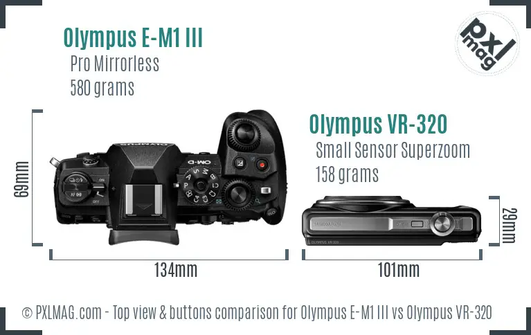 Olympus E-M1 III vs Olympus VR-320 top view buttons comparison