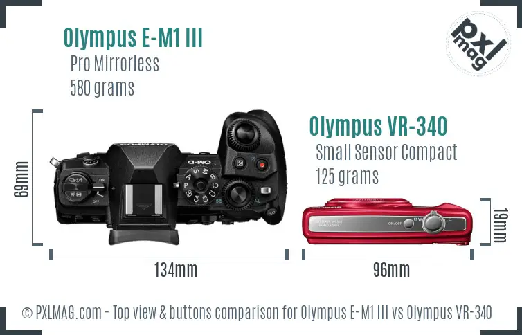 Olympus E-M1 III vs Olympus VR-340 top view buttons comparison