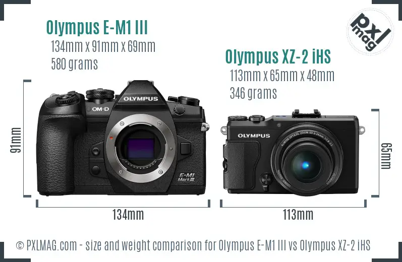 Olympus E-M1 III vs Olympus XZ-2 iHS size comparison