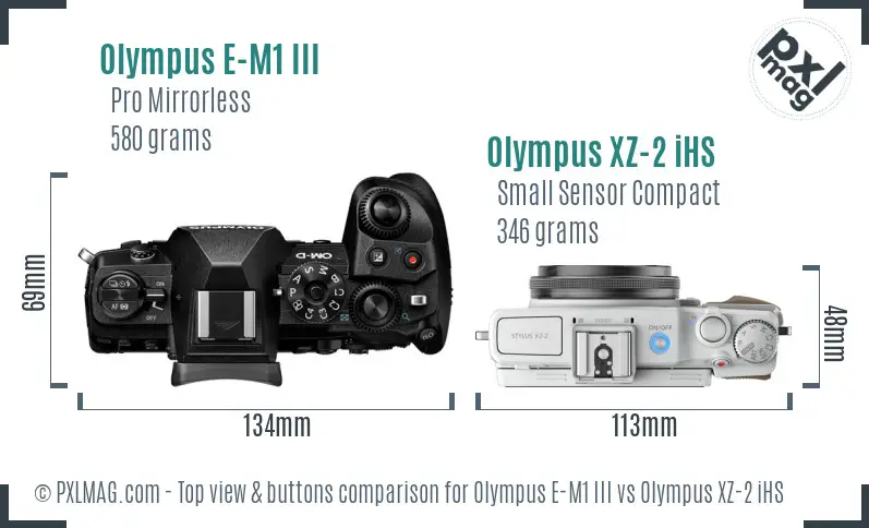 Olympus E-M1 III vs Olympus XZ-2 iHS top view buttons comparison