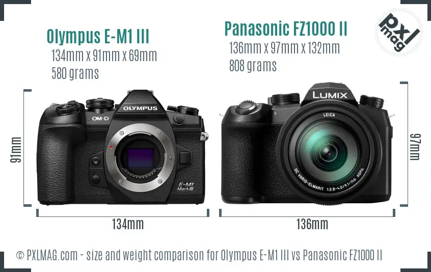Olympus E-M1 III vs Panasonic FZ1000 II size comparison