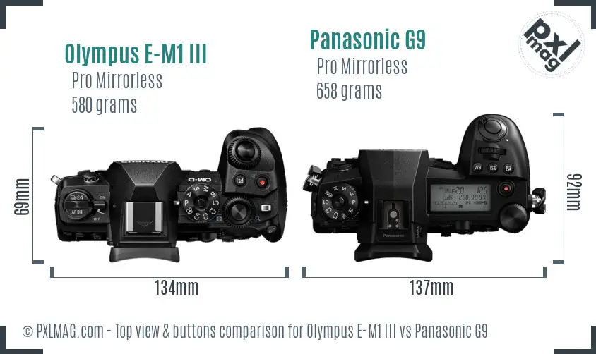 Olympus E-M1 III vs Panasonic G9 top view buttons comparison