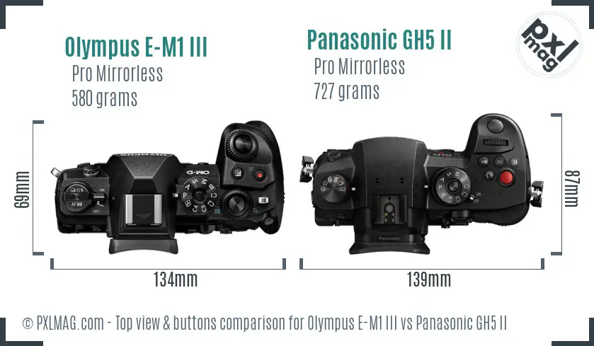 Olympus E-M1 III vs Panasonic GH5 II top view buttons comparison