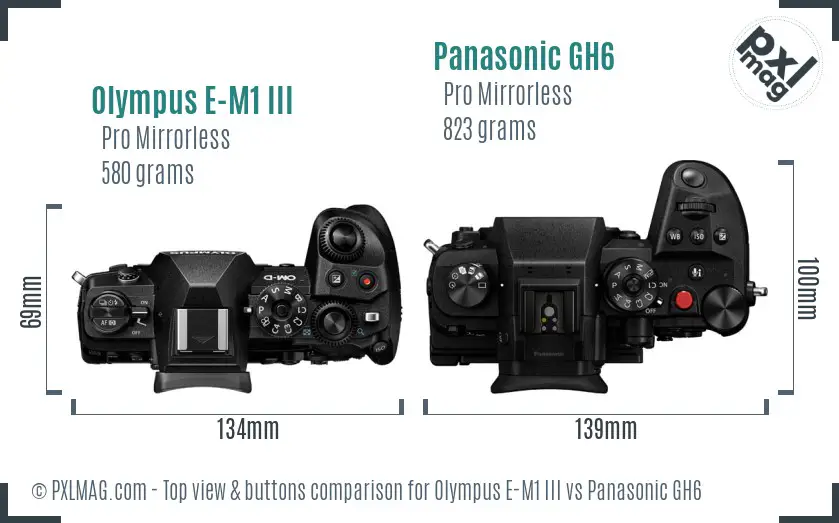 Olympus E-M1 III vs Panasonic GH6 top view buttons comparison