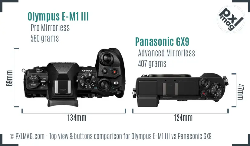 Olympus E-M1 III vs Panasonic GX9 top view buttons comparison