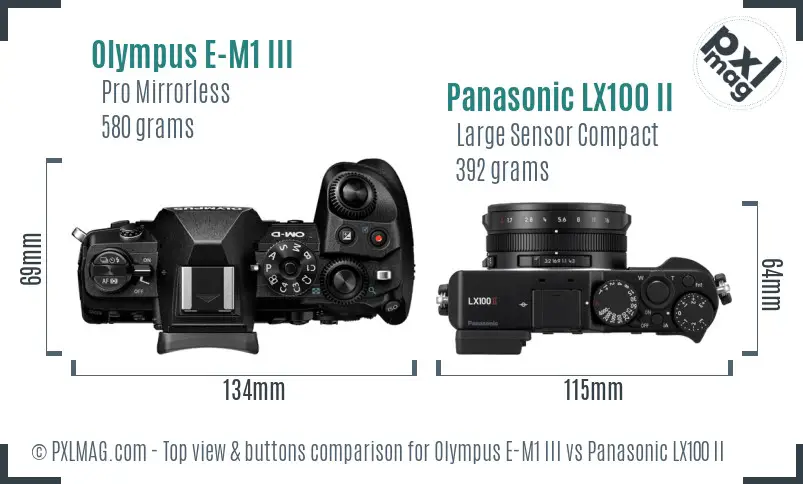 Olympus E-M1 III vs Panasonic LX100 II top view buttons comparison