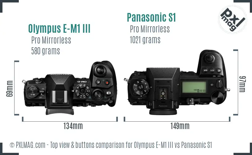 Olympus E-M1 III vs Panasonic S1 top view buttons comparison