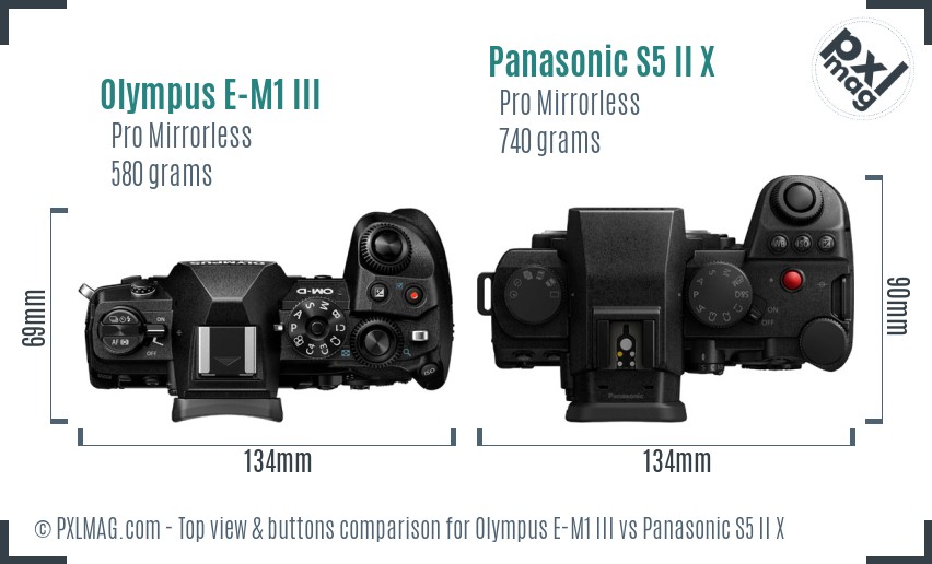 Olympus E-M1 III vs Panasonic S5 II X top view buttons comparison