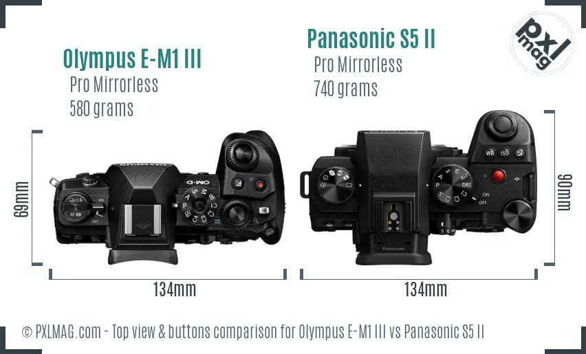 Olympus E-M1 III vs Panasonic S5 II top view buttons comparison