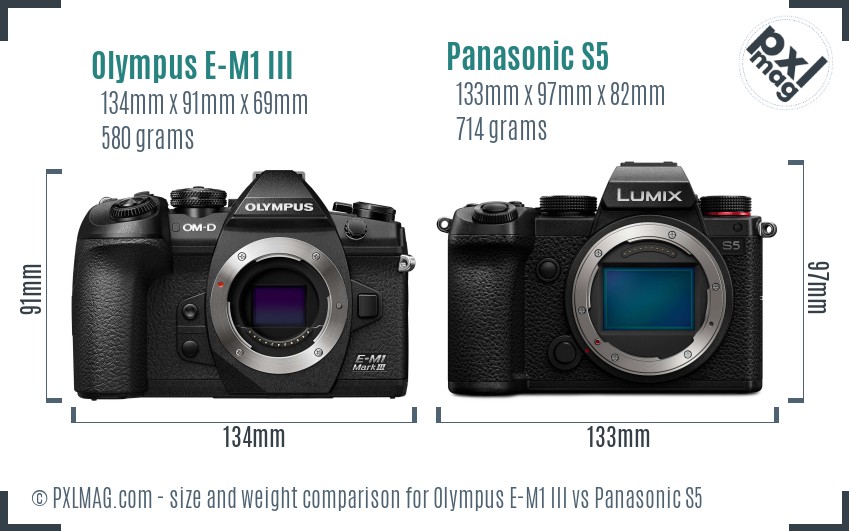 Olympus E-M1 III vs Panasonic S5 size comparison