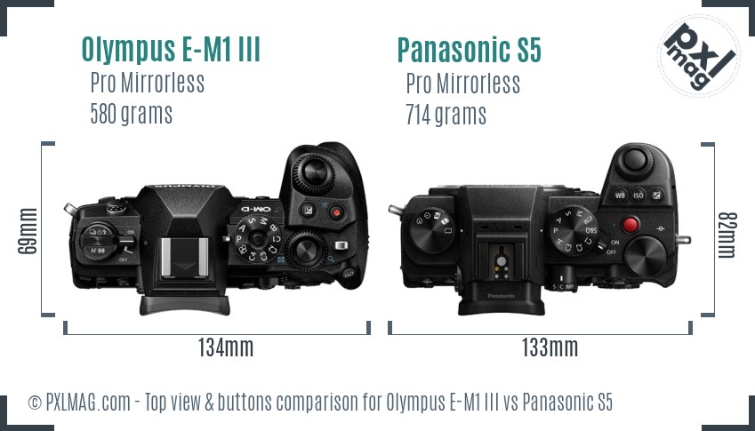 Olympus E-M1 III vs Panasonic S5 top view buttons comparison
