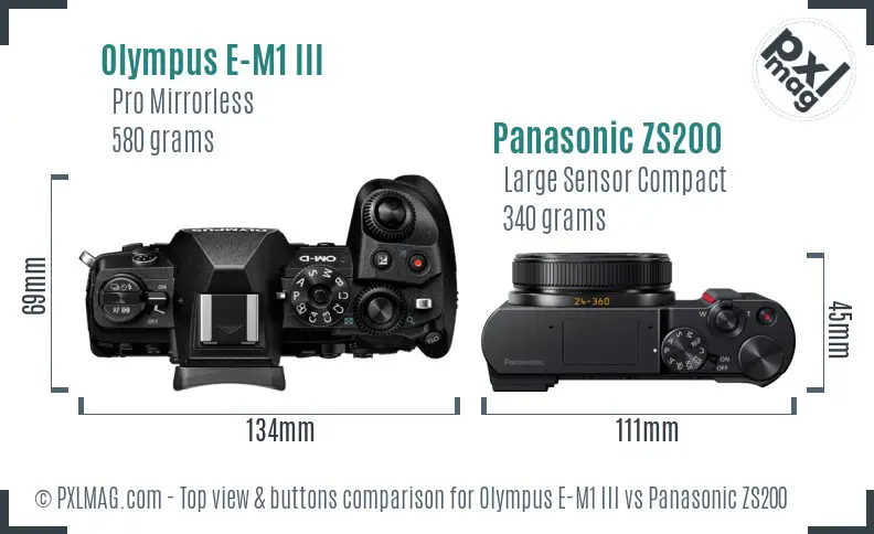 Olympus E-M1 III vs Panasonic ZS200 top view buttons comparison
